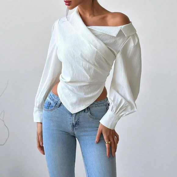 White Elegant Women's Asymmetrical Hem Long Sleeve top blouse - Picture 5 of 8